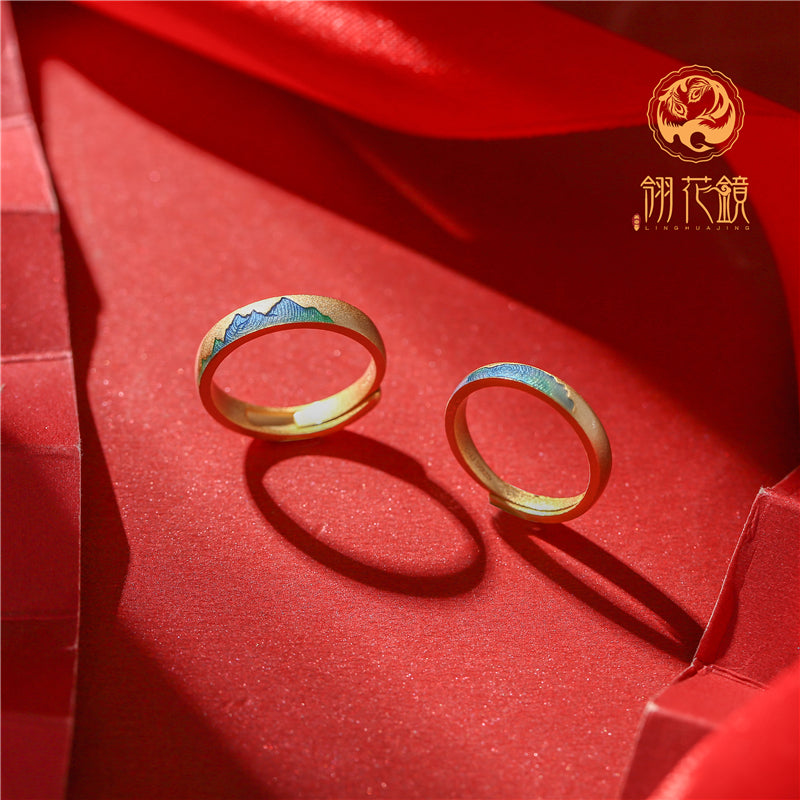 Chinese Traditional Retro Mountain and Sea S925 Silver Gold Plated Enamel Couples Rings