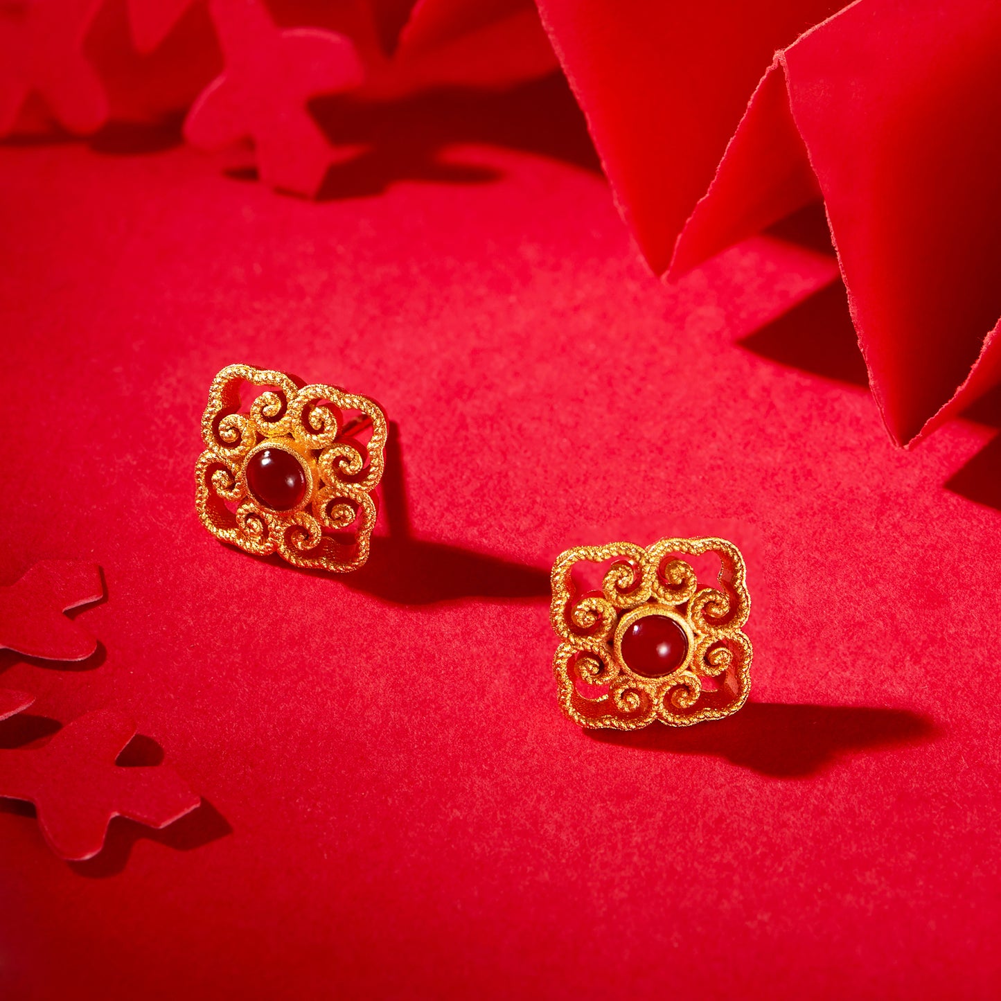 Square Ruyi Red Agate s925 Silver 18k Gold Plated Chinese Traditional Earrings