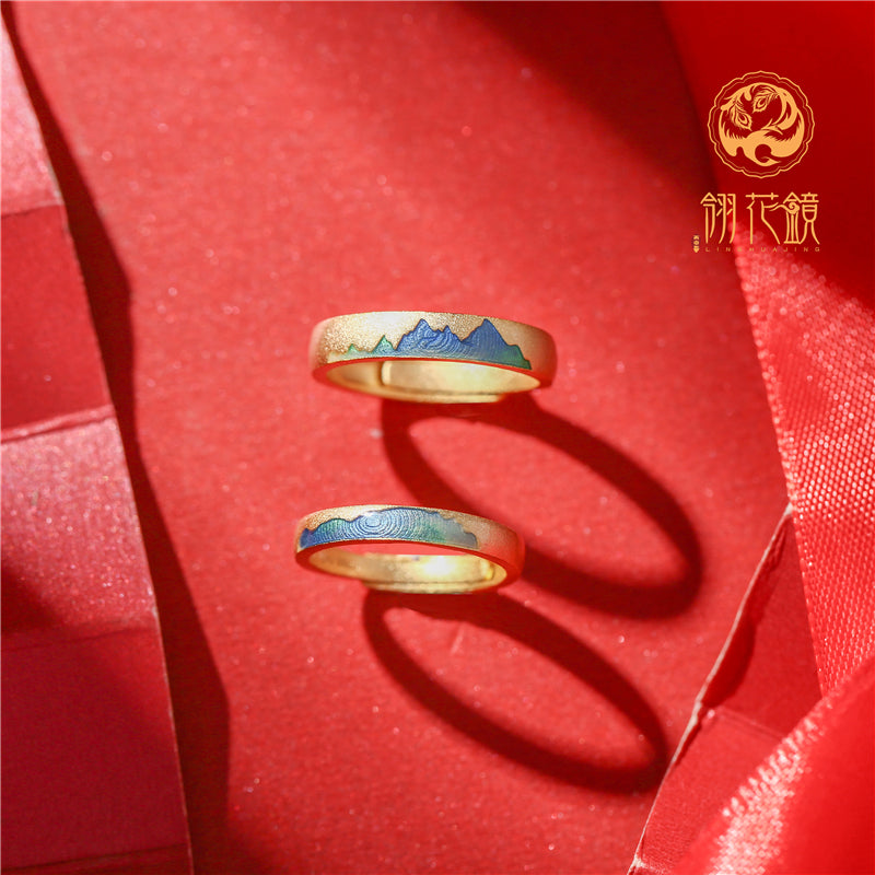 Chinese Traditional Retro Mountain and Sea S925 Silver Gold Plated Enamel Couples Rings