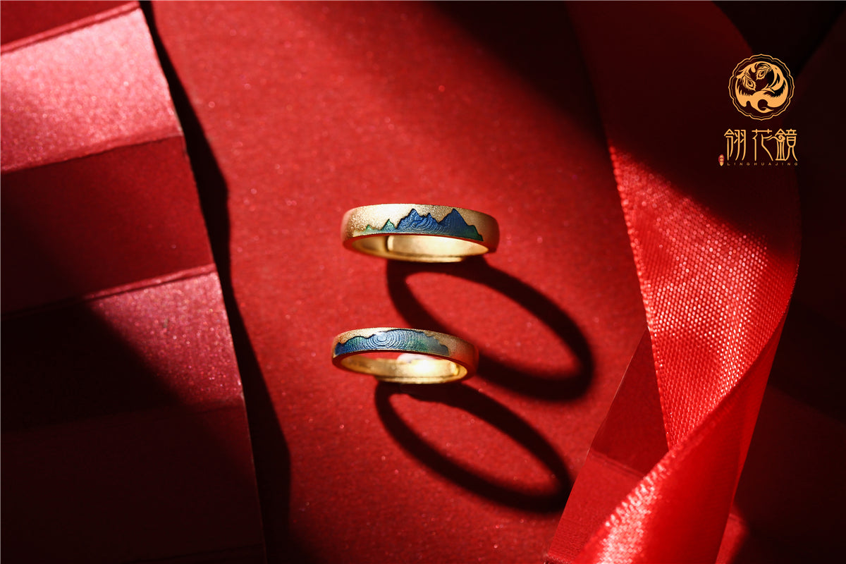 Chinese Traditional Retro Mountain and Sea S925 Silver Gold Plated Enamel Couples Rings