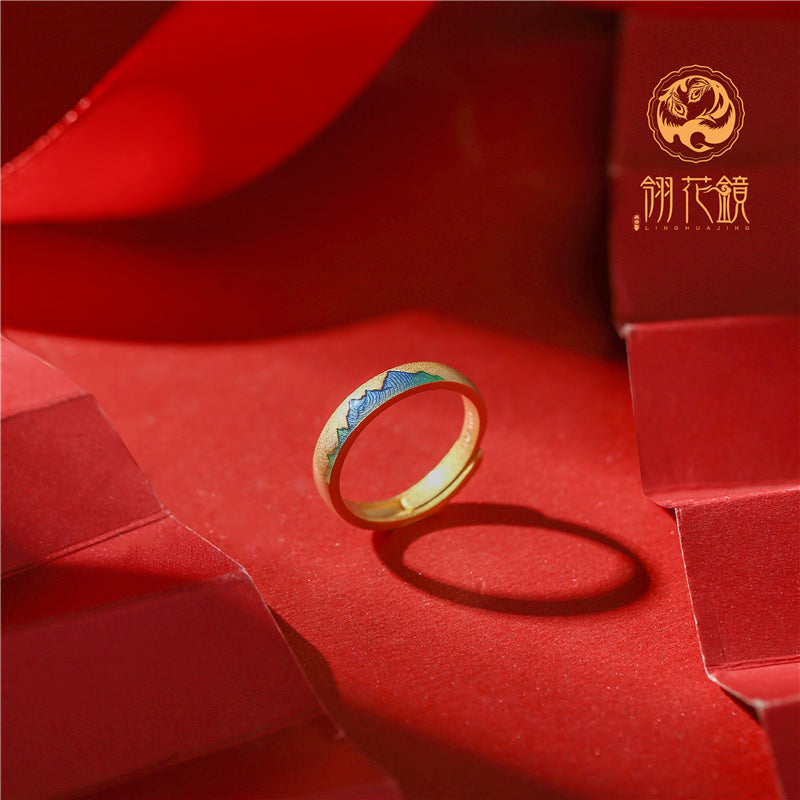 Chinese Traditional Retro Mountain and Sea S925 Silver Gold Plated Enamel Couples Rings