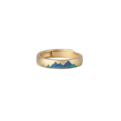 Chinese Traditional Retro Mountain and Sea S925 Silver Gold Plated Enamel Couples Rings